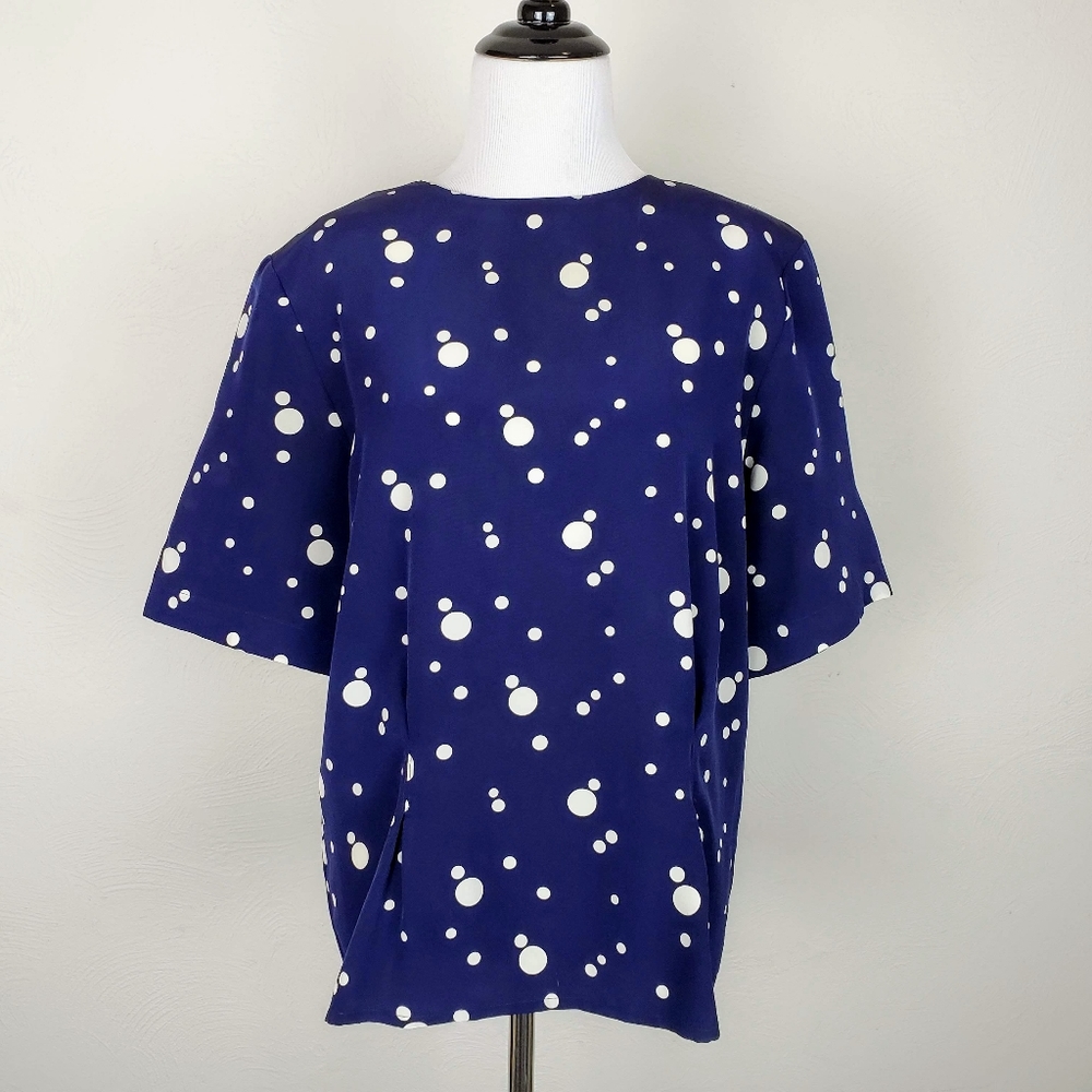 Vintage Blouse Laura & Jayne Polka Dot Navy Top Career Office Quirky Retro Blue